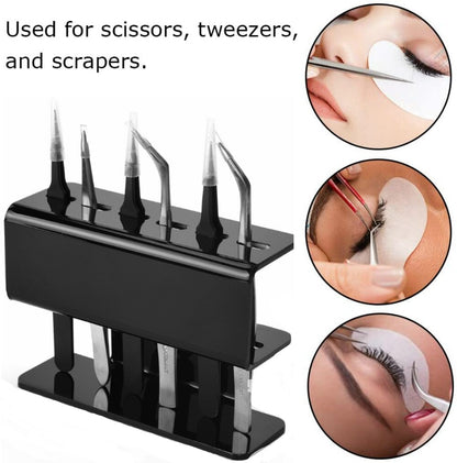 Black acrylic eyelash tweezer holder with two shelves and side slot openings