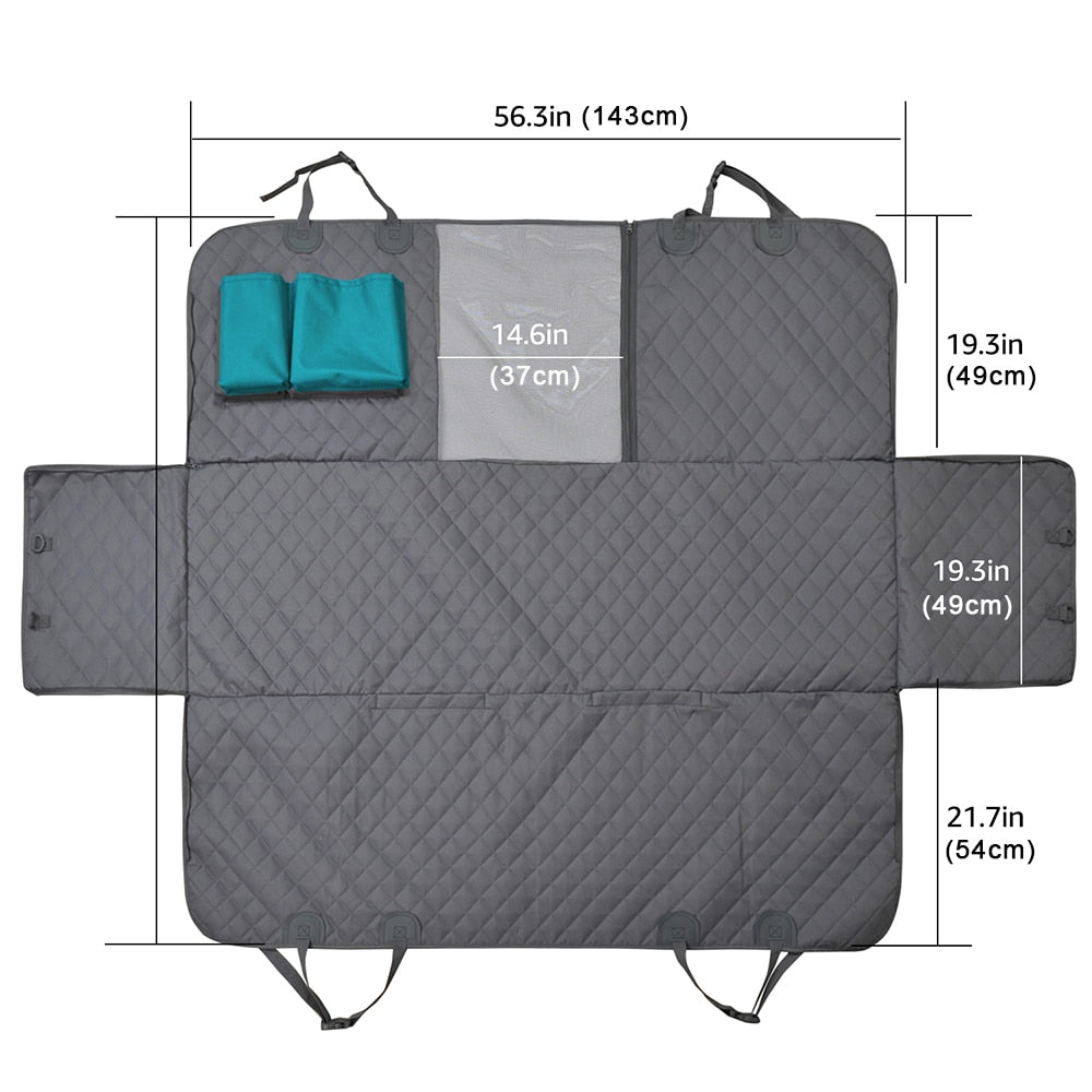 Grey dog car seat cover measuring diagram with teal storage pocket and straps