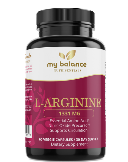L-arginine dietary supplement bottle with dark cap and front label
