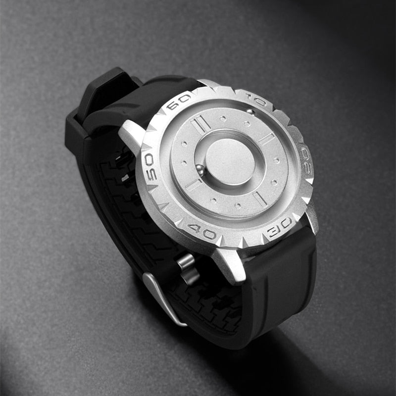 Men’s magnetic pointer watch with black rubber strap and silver-toned knurled bezel