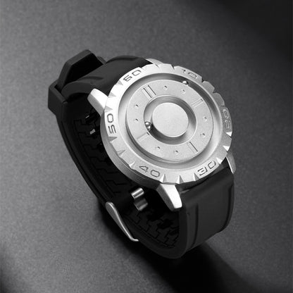 Men’s magnetic pointer watch with black rubber strap and silver-toned knurled bezel