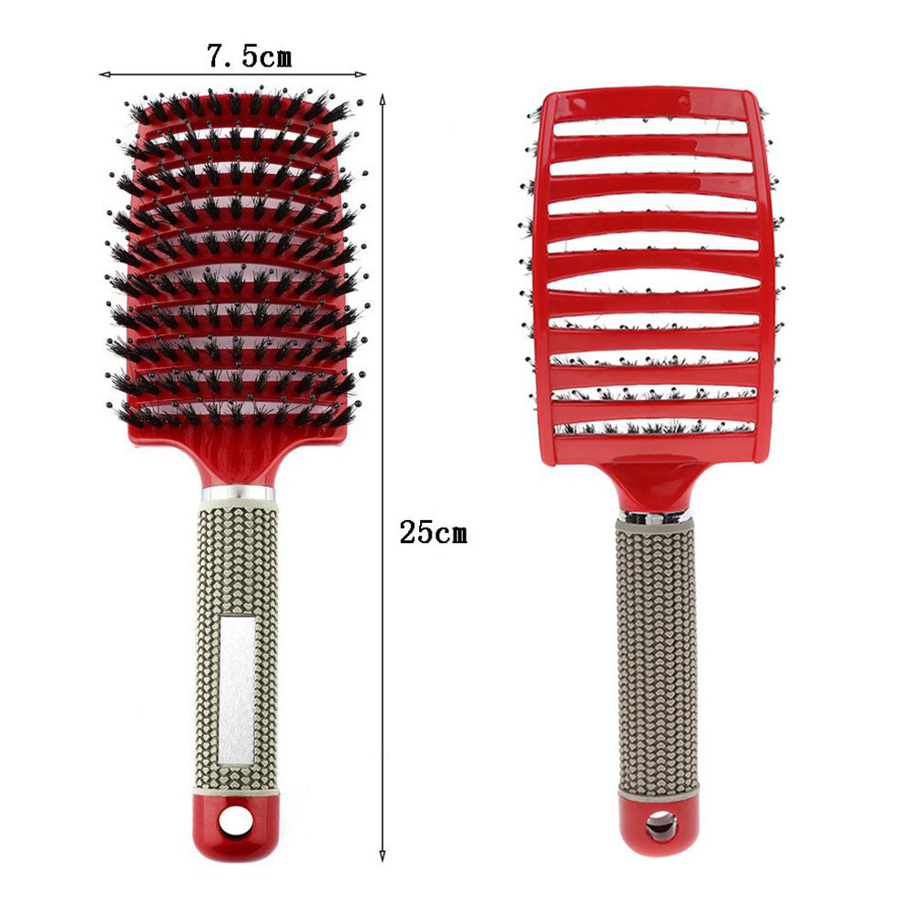 Hair detangling brush with red cushion, silver mesh handle, long bristle rows