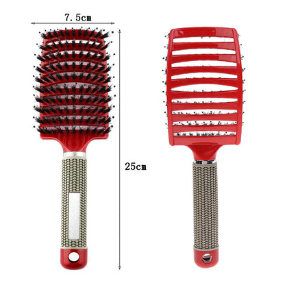 Hair detangling brush with red cushion, silver mesh handle, long bristle rows
