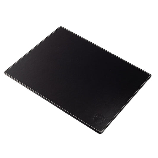 Black laptop pad with rounded corners and a subtle logo on the surface.