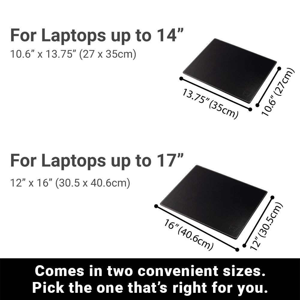 Black laptop pad showing two size options for smaller and larger laptops.