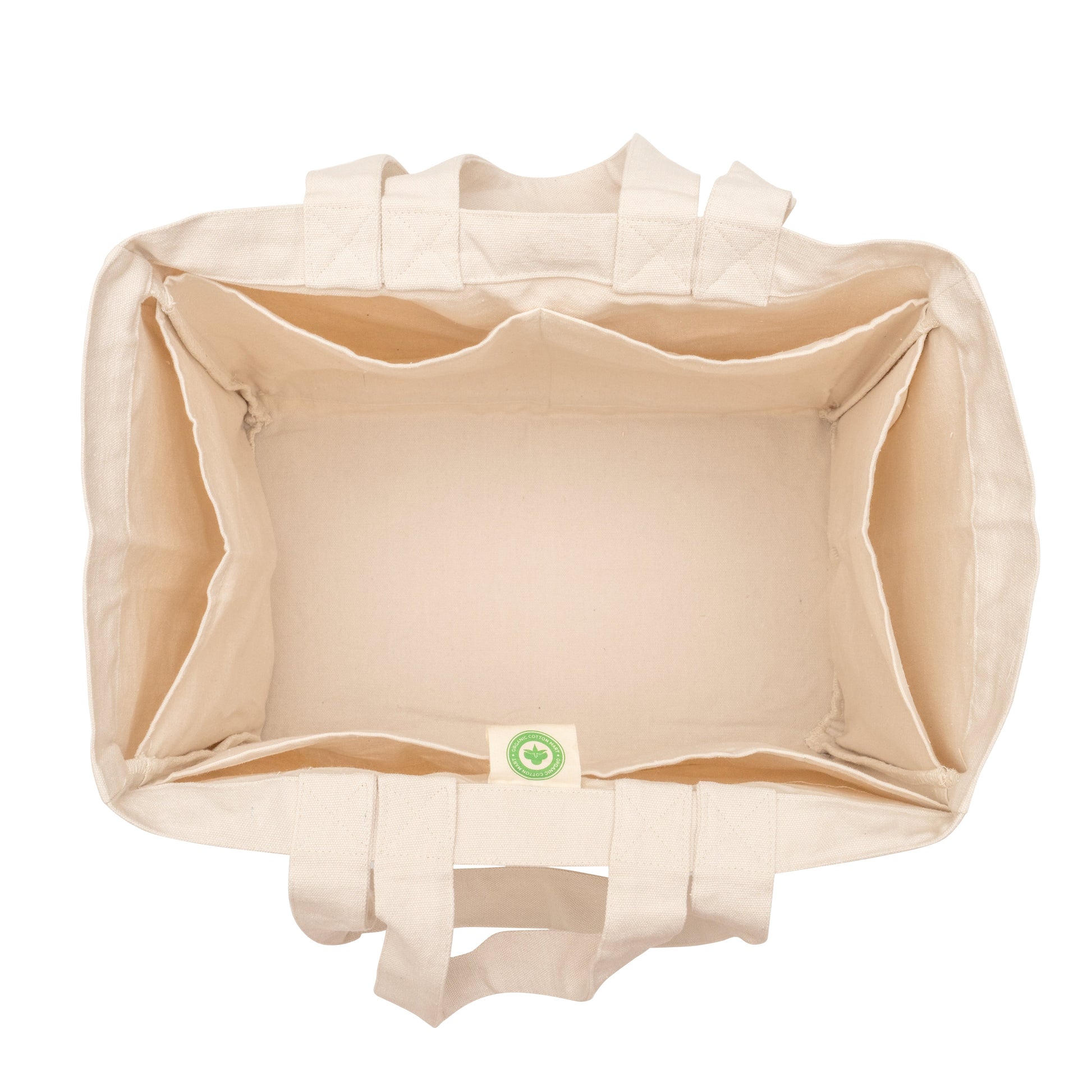 Off-white canvas tote bag interior view with reinforced open top
