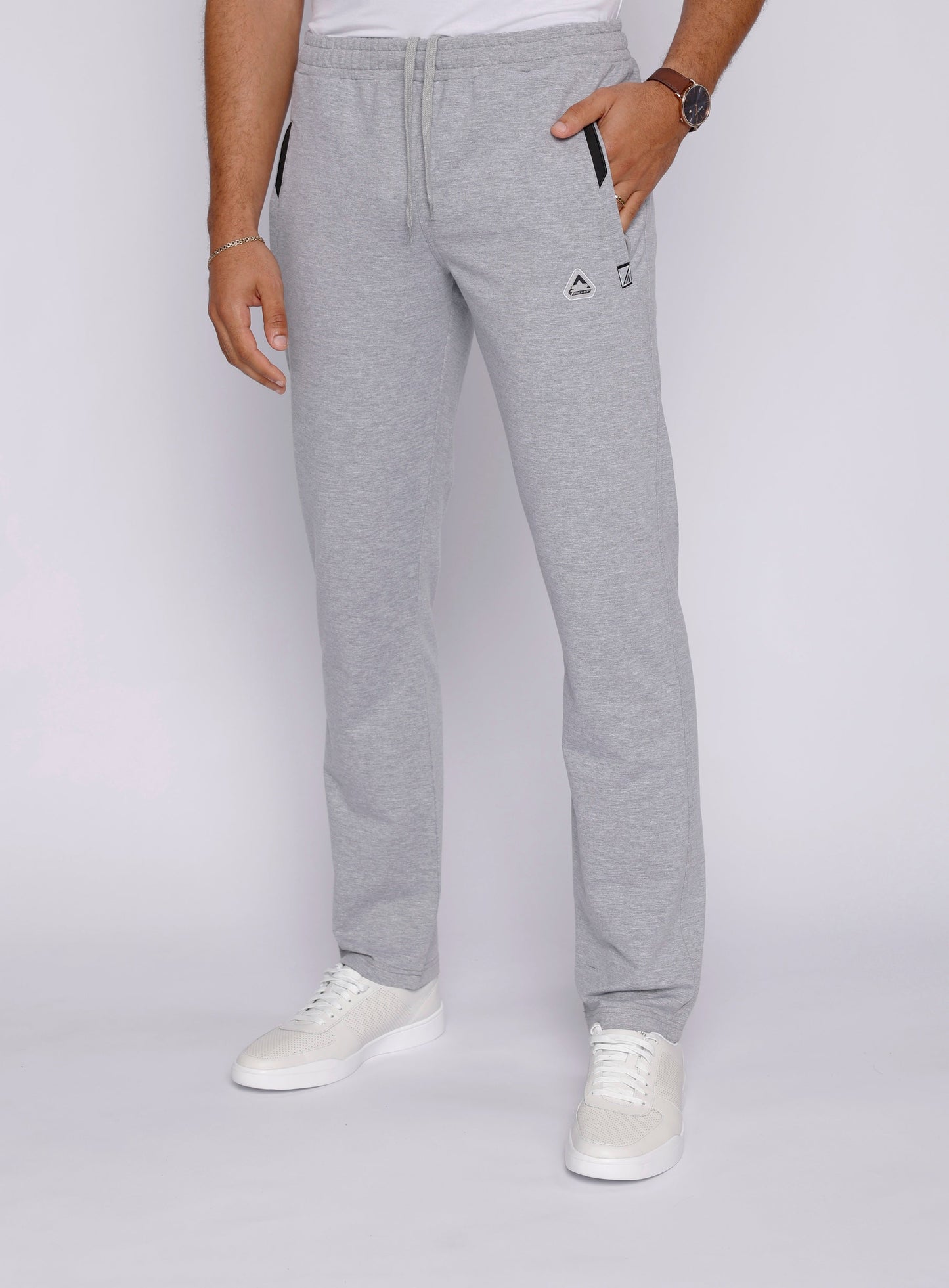 Men’s athletic straight sweatpants in light gray heather with drawstring elastic waist
