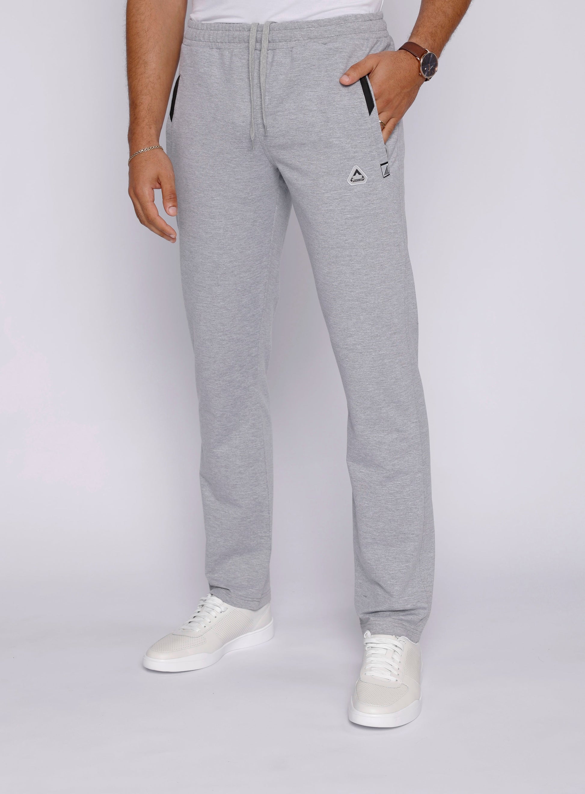 Men’s athletic straight sweatpants in light gray heather with drawstring elastic waist