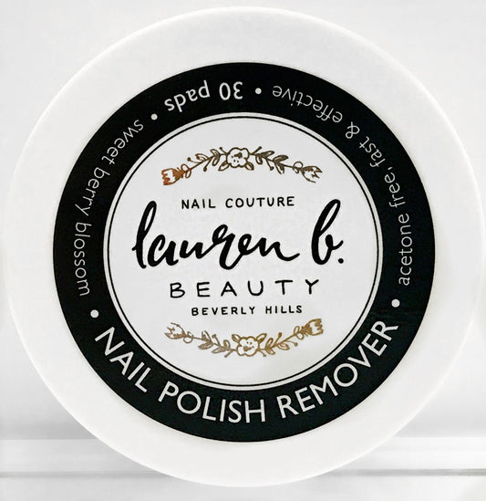 Lauren b. nail polish remover pads container with black circular label