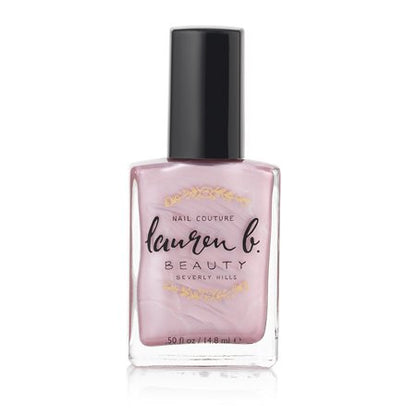 Pink nail polish bottle with black cap and light pink liquid label