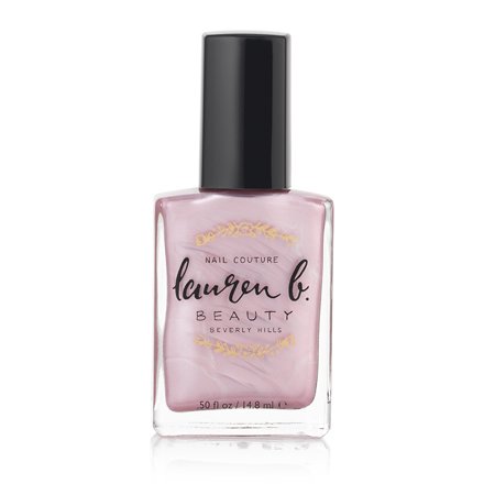 Pink nail polish bottle with black cap and light pink liquid label