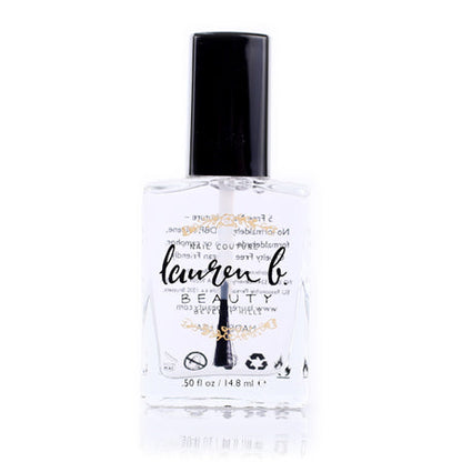 Lauren B Beauty nail polish bottle with black cap, clear formula