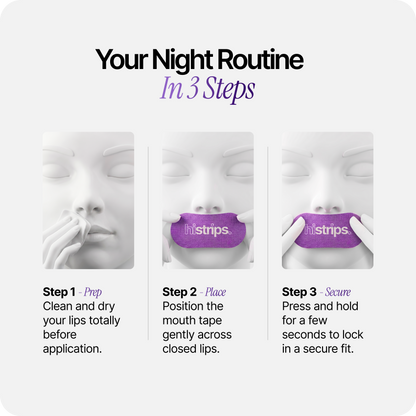 Lavender mouth tape routine in 3 steps: prep, place, and secure with histrips