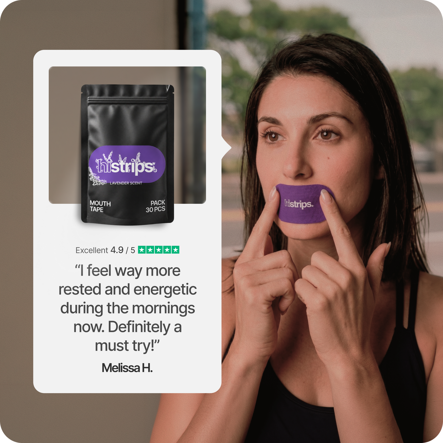 Lavender mouth tape on lips, with histrips black pouch pack held in hand