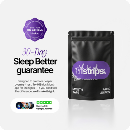 Lavender mouth tape pack with histrips black pouch and 30-day sleep guarantee badge