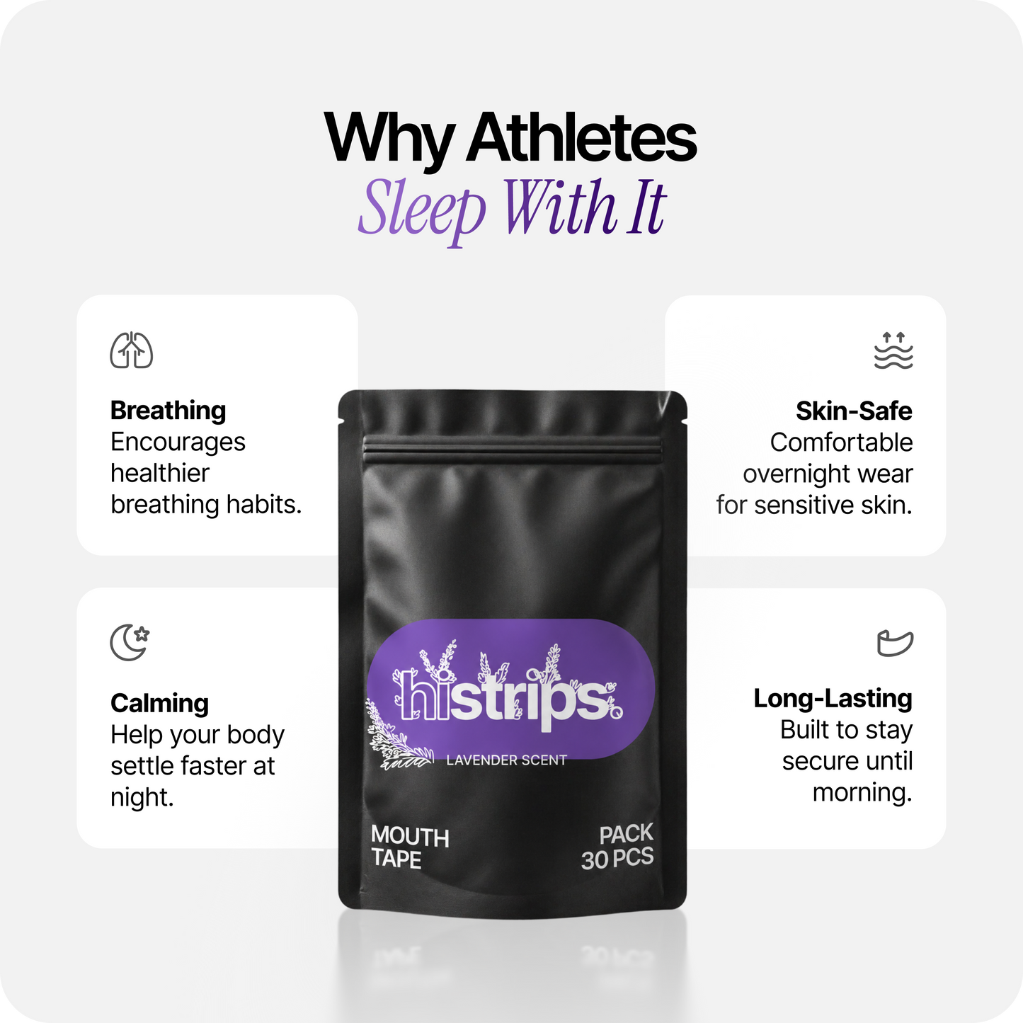 Lavender mouth tape pack with histrips pouch and benefits callouts for athletes sleep
