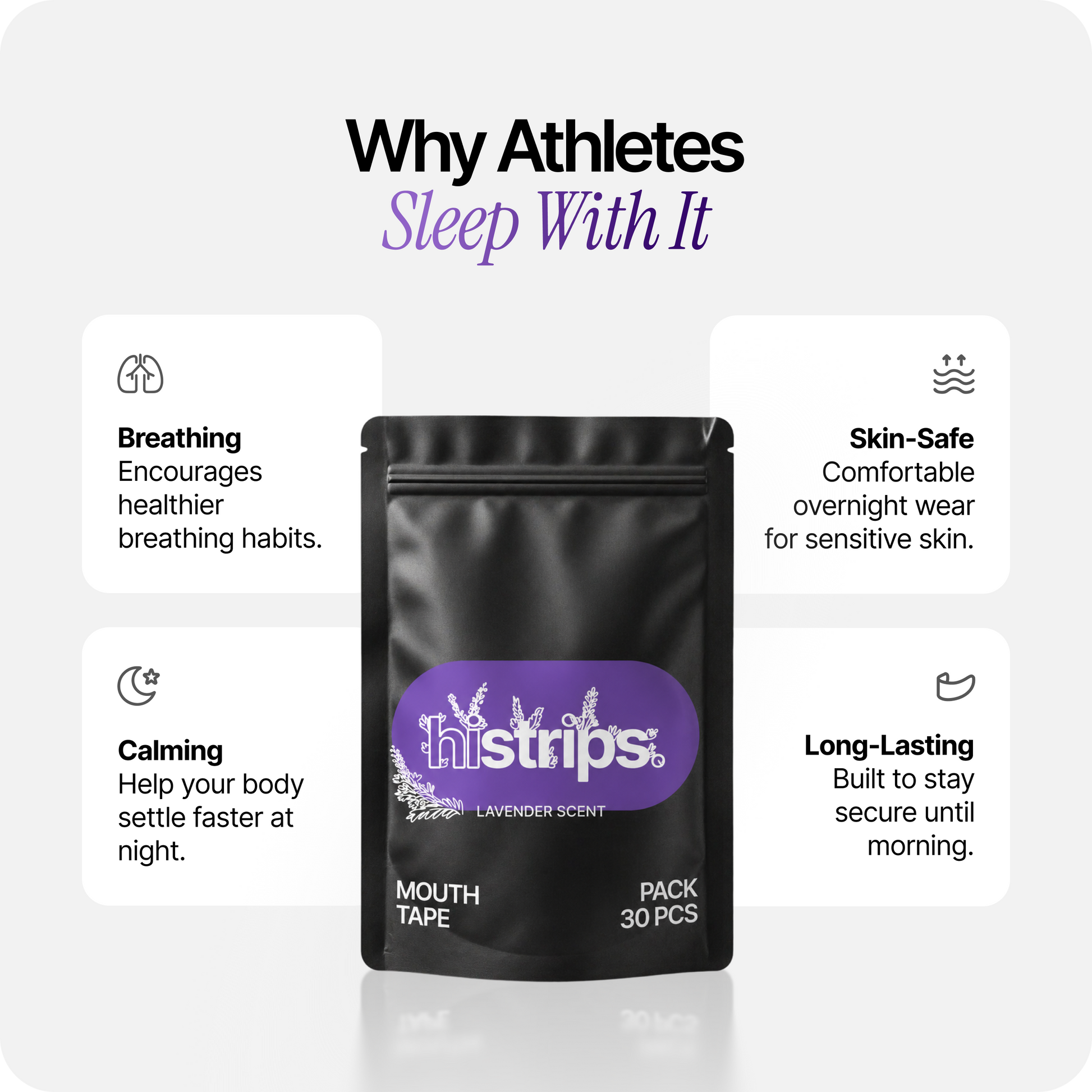 Lavender mouth tape pack with histrips pouch and benefits callouts for athletes sleep