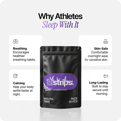 Lavender mouth tape pack with histrips pouch and benefits callouts for athletes sleep