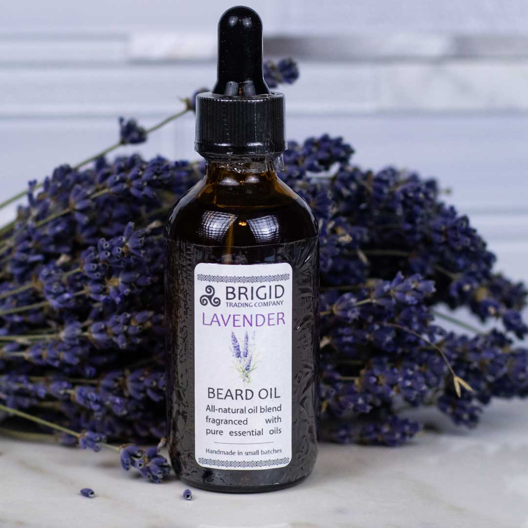 Lavender beard oil bottle with dropper, dark glass, BRIGID label