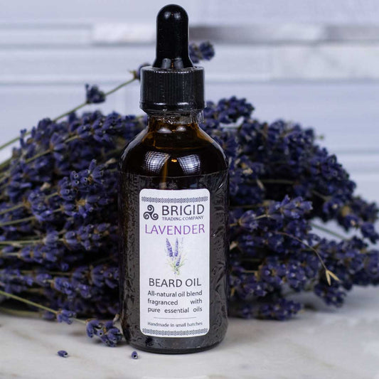Lavender beard oil bottle with dropper, dark glass, BRIGID label