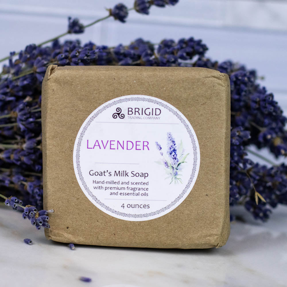 Lavender goat milk soap in tan paper box with BRIGID label and 4 ounces count.
