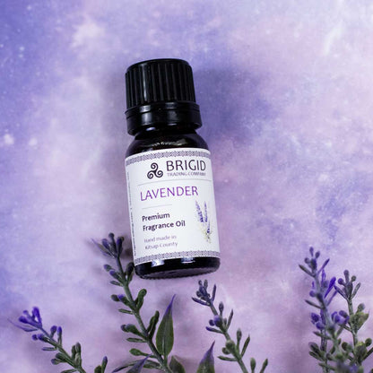 Premium fragrance oil bottle, Lavender label with black cap and white front tag
