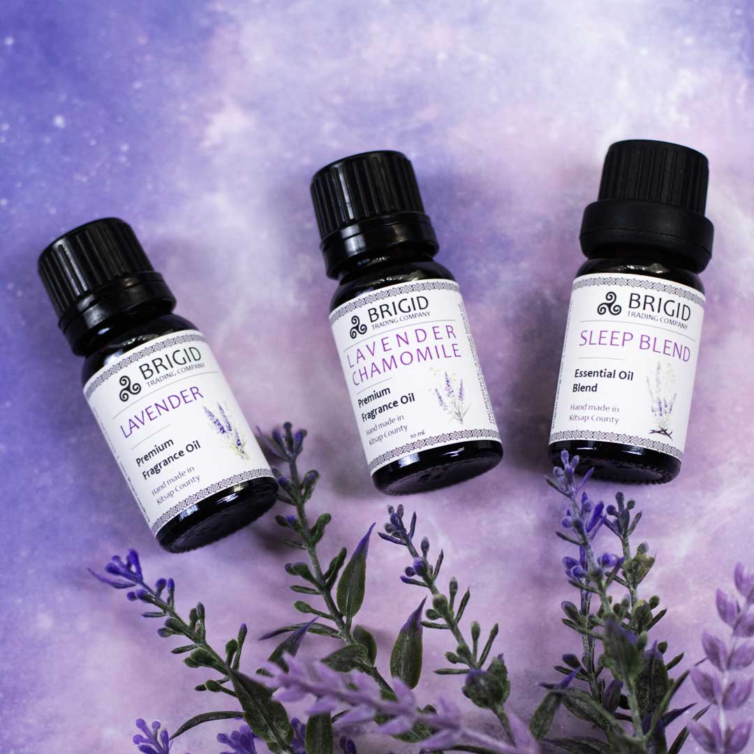Essential oil blend bottles: Lavender, Lavender Chamomile, and Sleep Blend