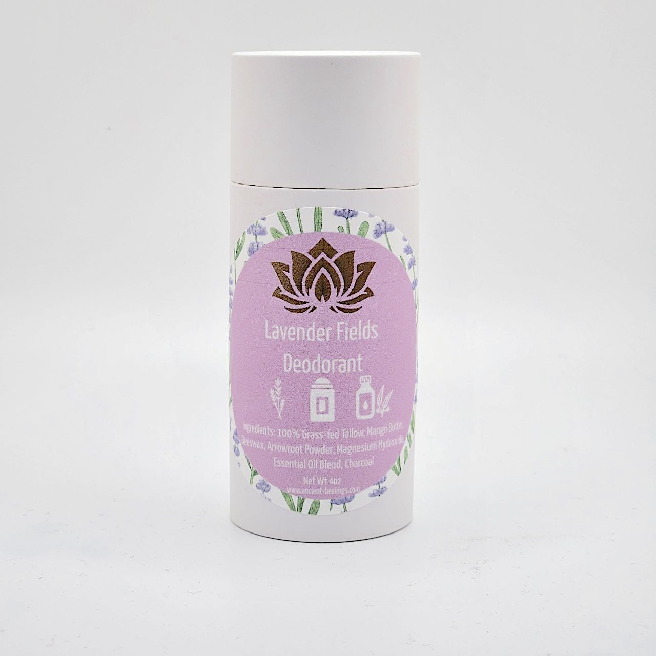 Tallow deodorant stick labeled Lavender Fields with purple floral label details.