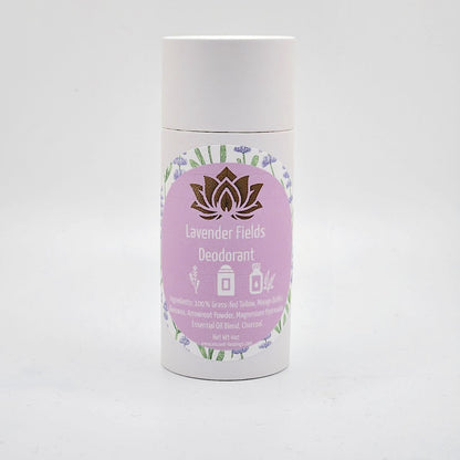 Tallow deodorant stick labeled Lavender Fields with purple floral label details.