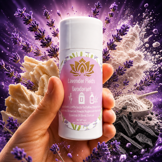 Tallow deodorant stick with Lavender Fields label and white container, held in a hand.