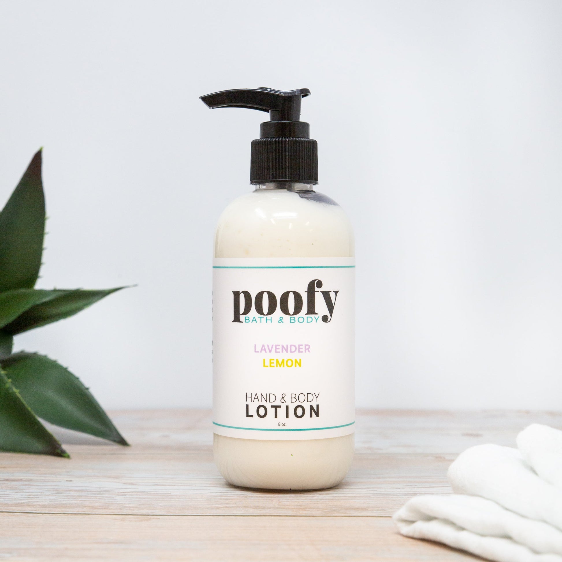 Hand and body lotion bottle with pump, poofy Lavender Lemon, white bottle
