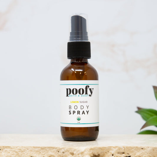 Organic body spray bottle with amber glass and pump sprayer, Lemon Sugar scent.