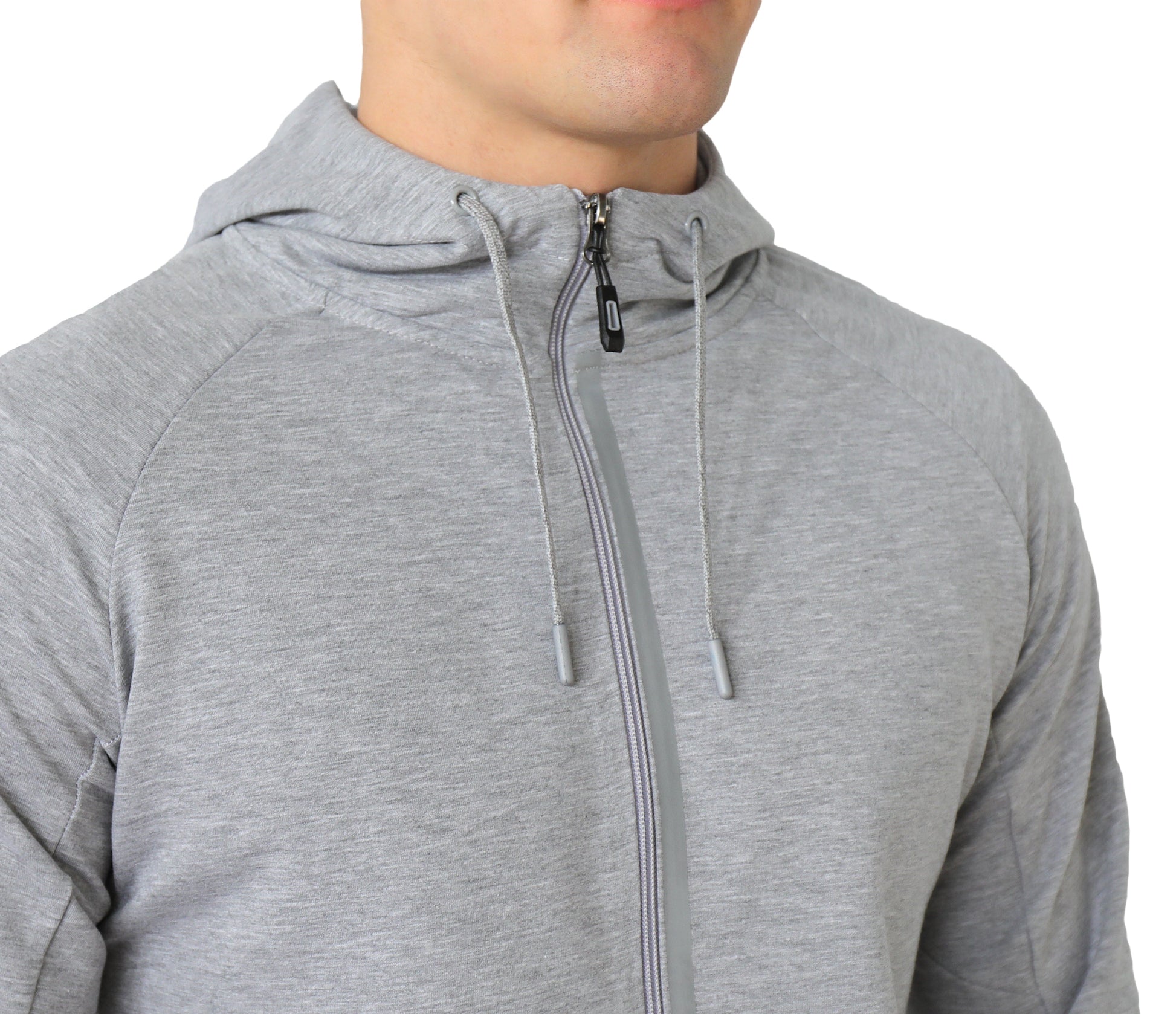Heather grey zip-up hooded sweatshirt with drawstring hood and metal zipper pull