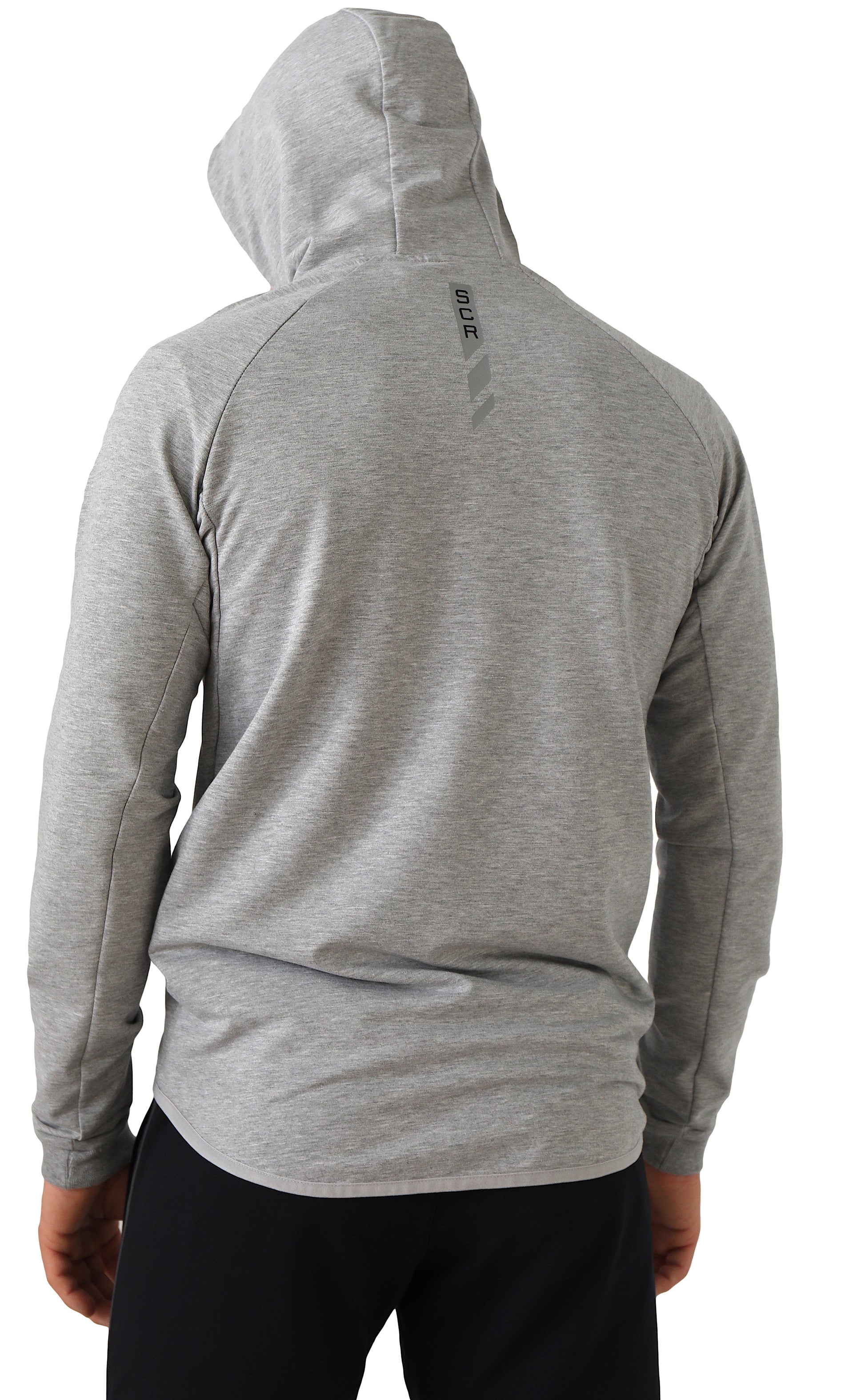 Heather grey hooded slim-fit sweatshirt, back view with curved hem and kangaroo pocket