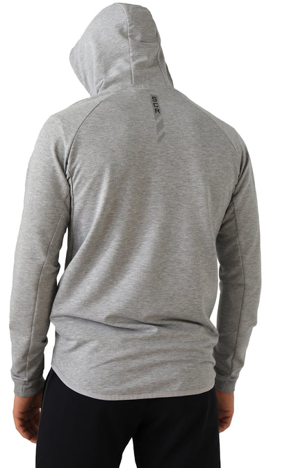 Heather grey hooded slim-fit sweatshirt, back view with curved hem and kangaroo pocket