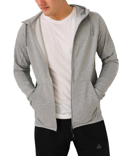 Heather grey zip-up hooded slim-fit sweatshirt over a white crewneck shirt