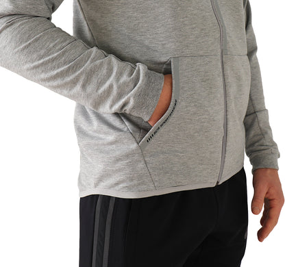 Heather grey zip-up hooded slim-fit sweatshirt sleeve and front pocket detail