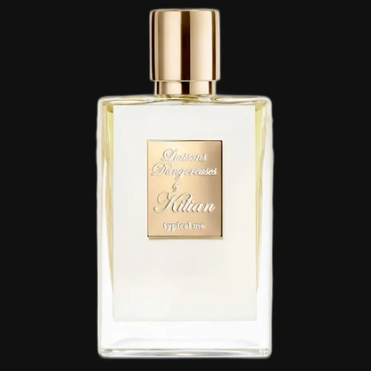 Perfume bottle with gold cap and clear glass, gold label
