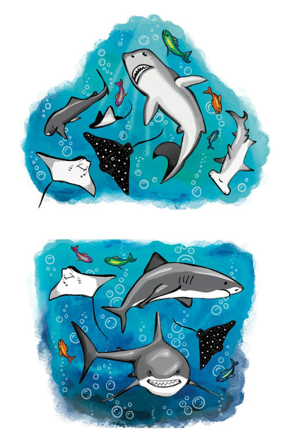 Kids temporary tattoo sleeve with ocean shark and fish designs in blue