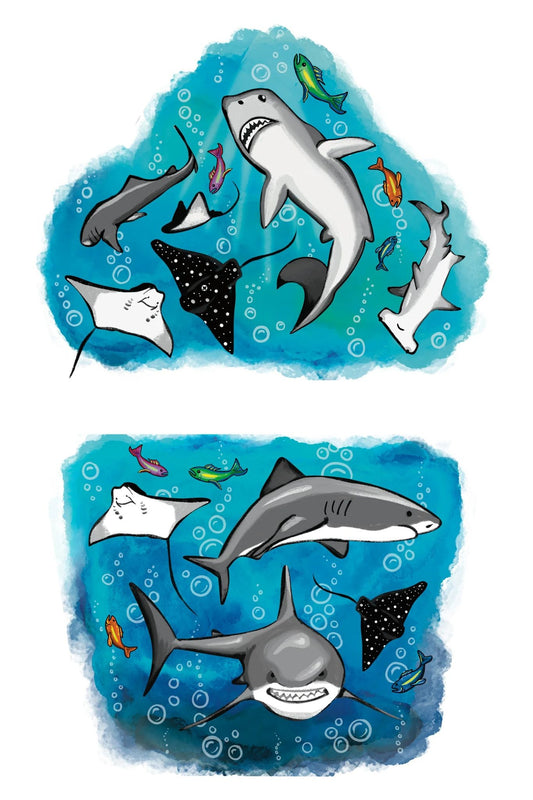 Kids temporary tattoo sleeve with ocean shark and fish designs in blue