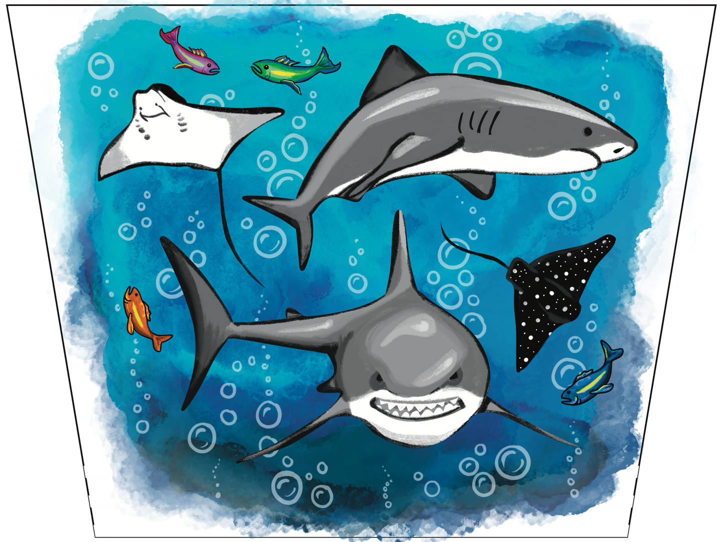 Shark tattoo sleeve graphic with blue ocean, bubbles, and smiling shark faces