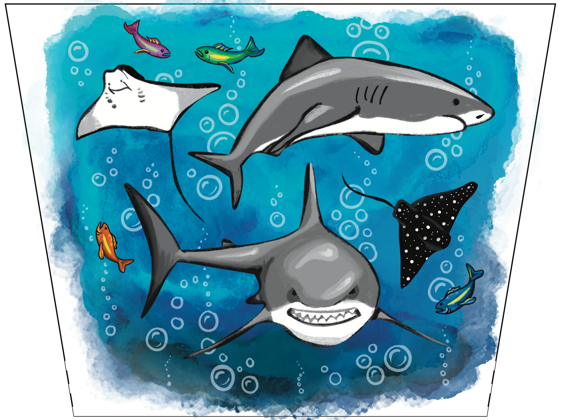 Shark tattoo sleeve graphic with blue ocean, bubbles, and smiling shark faces
