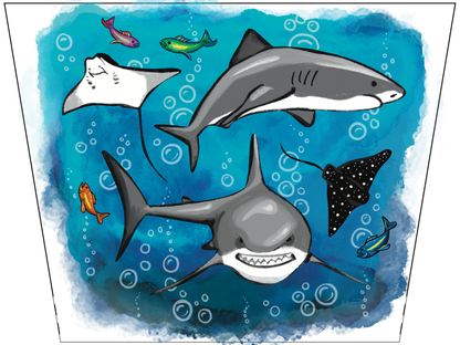 Shark tattoo sleeve graphic with blue ocean, bubbles, and smiling shark faces