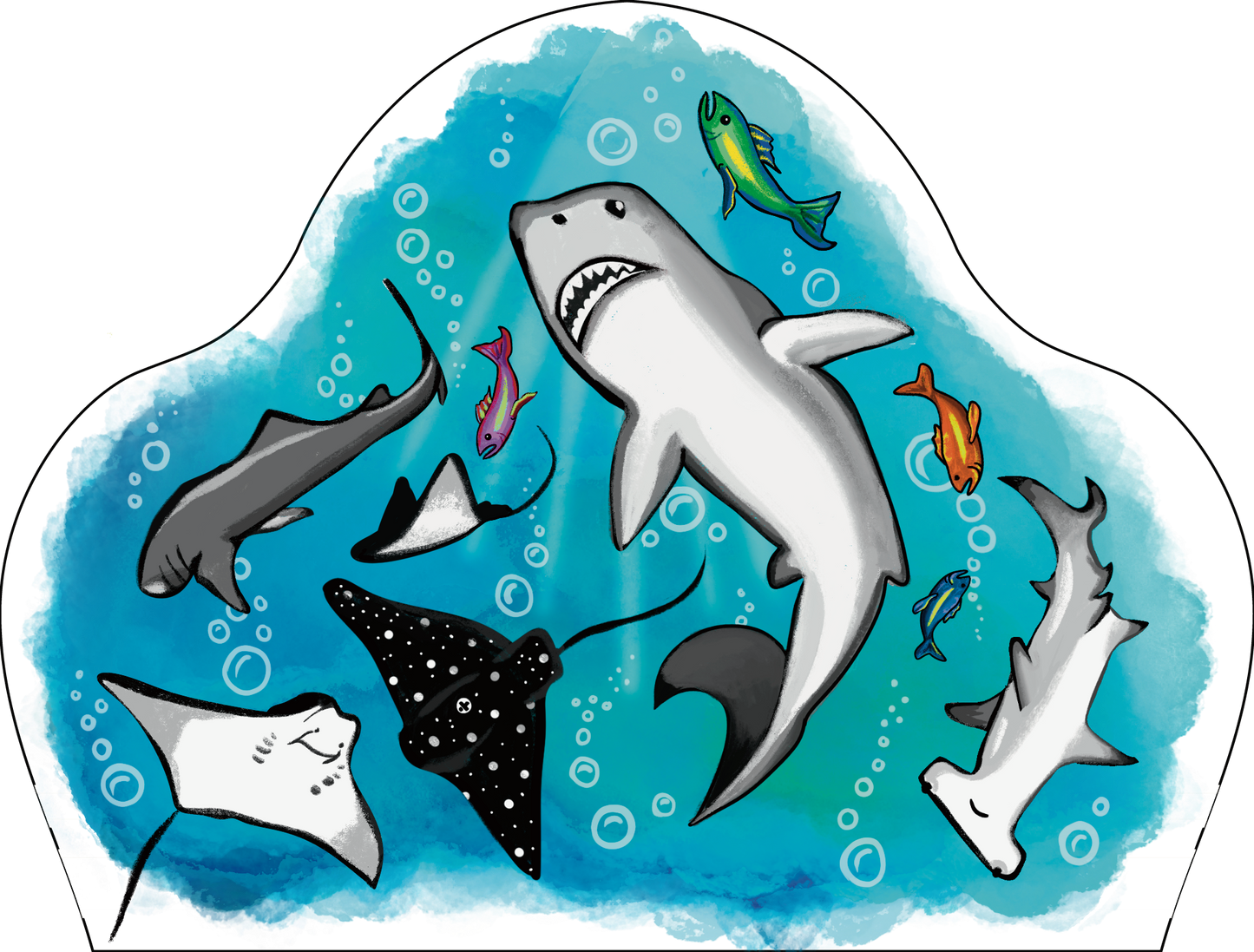 Shark and fish temporary tattoo sleeve art with blue ocean bubbles