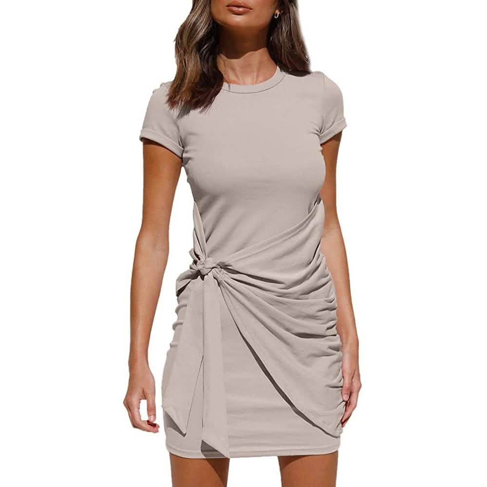 Light gray ruched T-shirt dress with short sleeves and side bow-tied drape