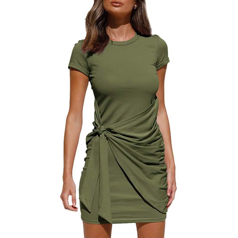 Olive green fitted T-shirt dress with side ruched drape and knot