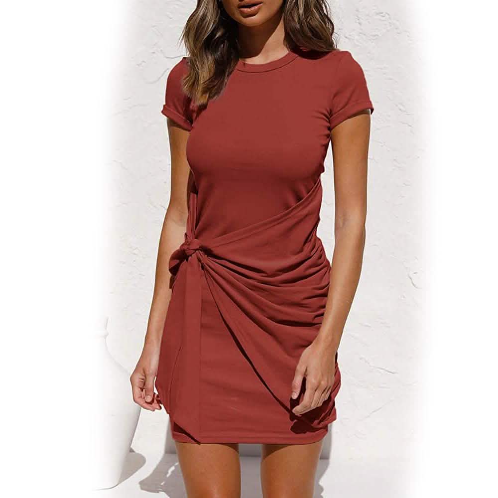 Rust red ruched T-shirt dress with short sleeves and side-tied knot