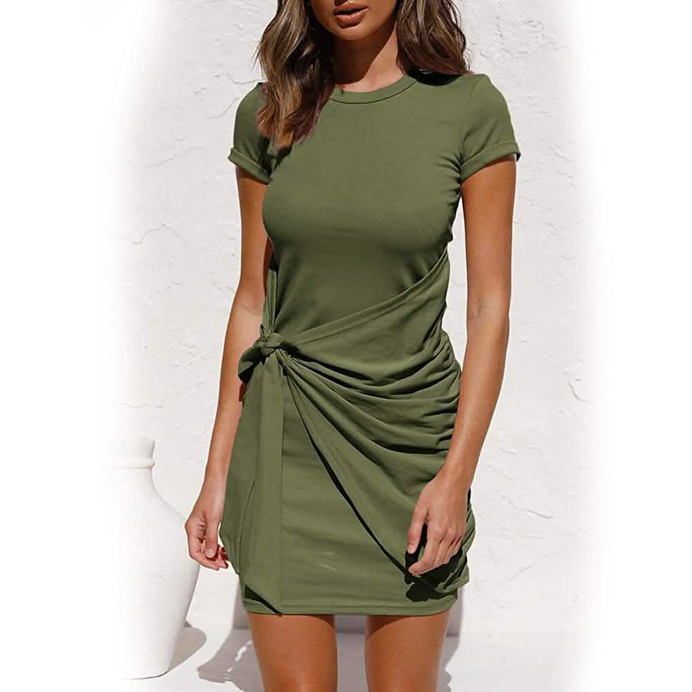 Olive green T-shirt dress with ruched side and bow-tied drape at waist