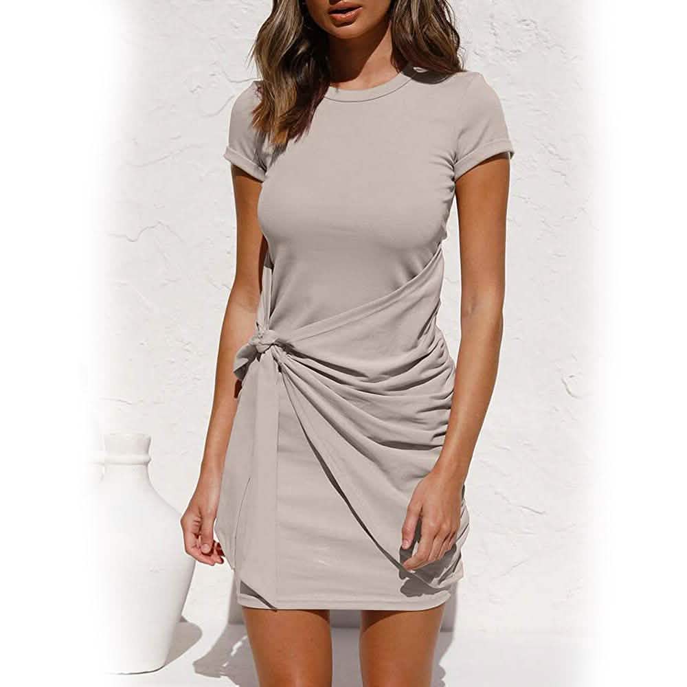 Light gray ruched T-shirt dress with short sleeves and side knot drape