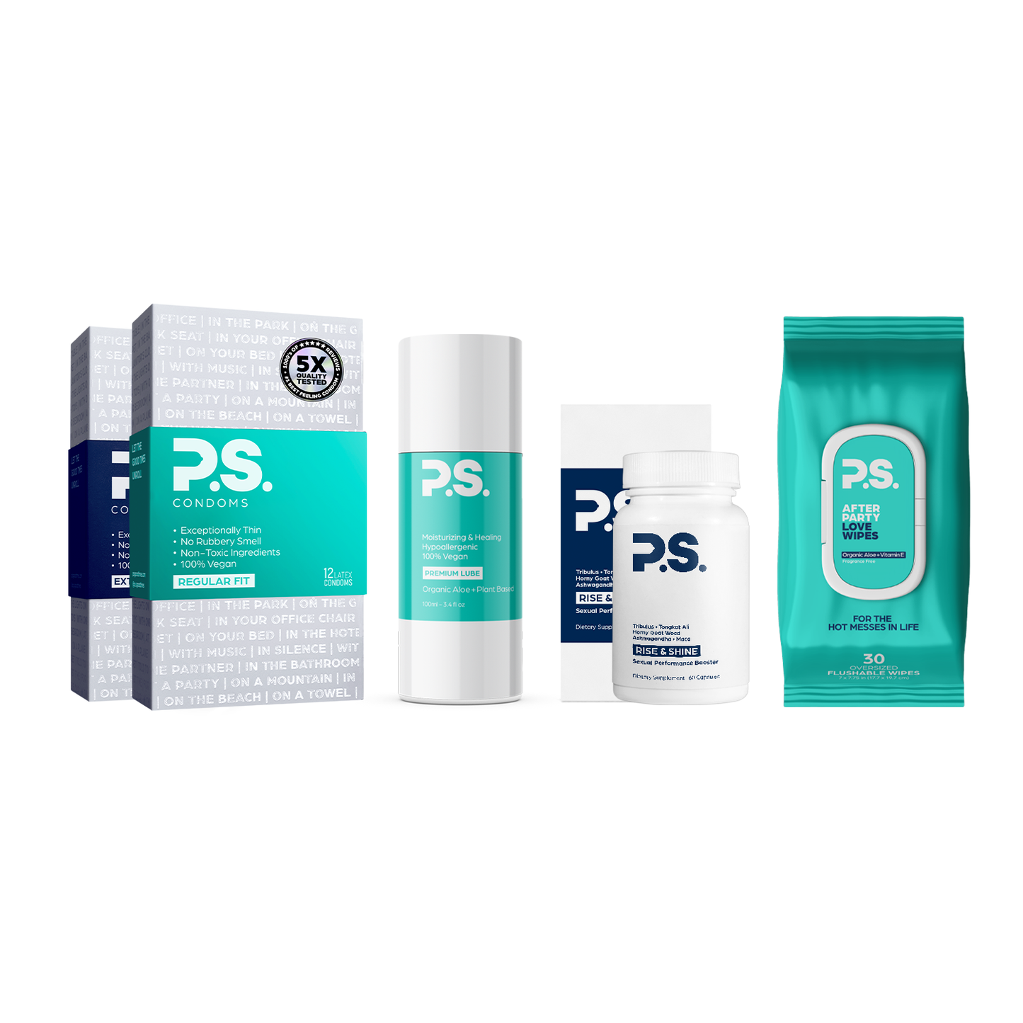 Condom bundle with box, tube, bottle, and teal wipes pack